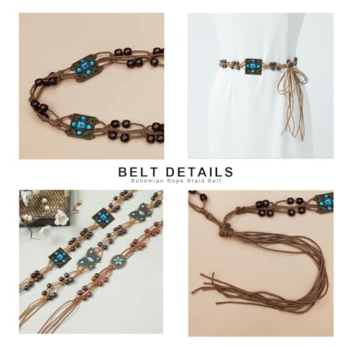 Boho Turquoise Belt for Women Rope Braided Waist Belts Dress Western Hand-Woven with Beaded Tassel3