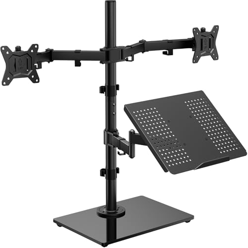 HUANUO Dual Monitor Stand with Laptop Desk Mount Freestanding Glass Base
