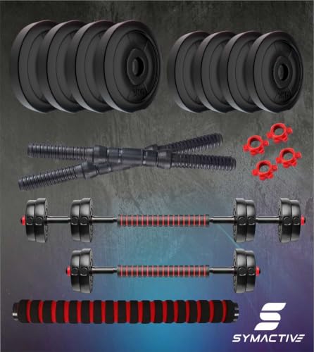 Image of Amazon Brand - Symactive Pvc 20 Kg 3-In-1 Convertible Dumbbells Fitness Kit For Full Body Workout(2 Kg X 4 + 3 Kg X 4 Pvc Weight,14'' Dumbbell Rods Pair&Nuts,1 Cushioned Connector Rod),Multicolor