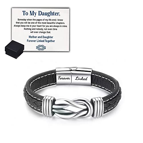 JOVALT Mother and Daughter Forever Linked Together Braided Leather Bracelet, Women's Stainless Braided Leather Bracelet Bangle Wristband, Women Inspirational Wristband, Daughter Gift from Mom