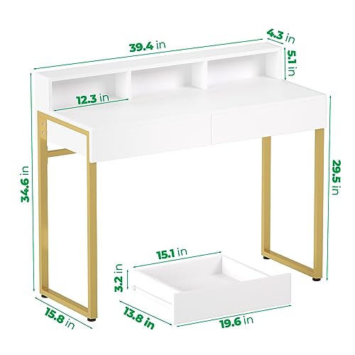 Image of GreenForest Vanity Desk with 2 Drawers, White Makeup Desk with 3 Storage Spaces, 40 inch Small Desk with Gold Metal Legs, Modern Home Office Desk for Kids, Bedroom (No Mirror)