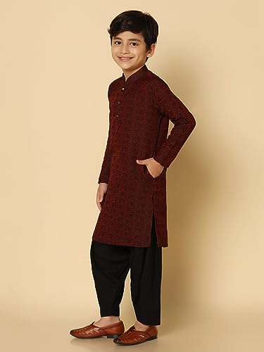 Image of KISAH Kid's Full Sleeves Silk Blend Knee Length Woven Design Maroon Kurta Patiala Set (3-4Y)