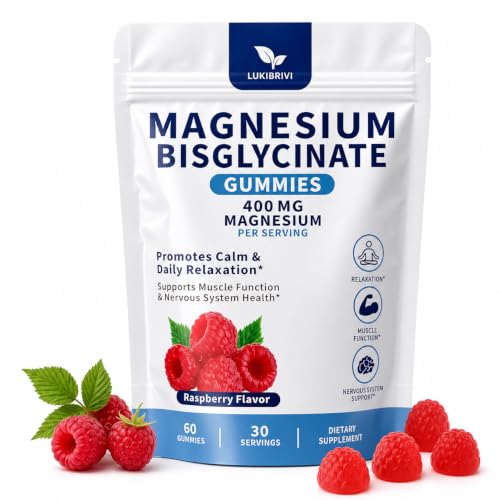 Magnesium Bisglycinate Gummies, 400mg Magnesium Supplement (as Magnesium Bisglycinate Chelate), Sleep Support, Muscle & Nerve Support, Vegan Raspberry Flavor, 60 Gummies
