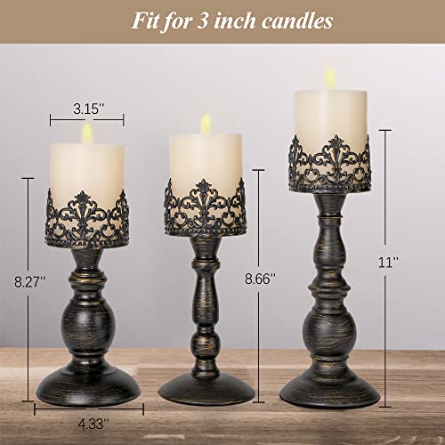 Distressed Black Candle Holders For Pillar Candles Set Of 3, Vintage Crown Candle Stands For Table Centerpiece Decor, Tall Antique Metal Candle Holder Set For Fireplace Decoration, Ideal Gift #TOP3