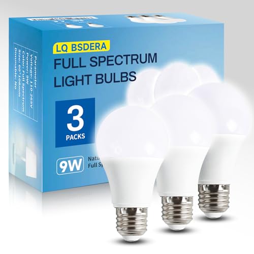 LQ BSDERA 3PK Full Spectrum Light Bulbs 9W 6000K Natural Light That Mimic Sunlight Boosts Mood Energy Focus A19 Sunlike Happy Light Bulbs with E26/27 Base for Most Lamps
