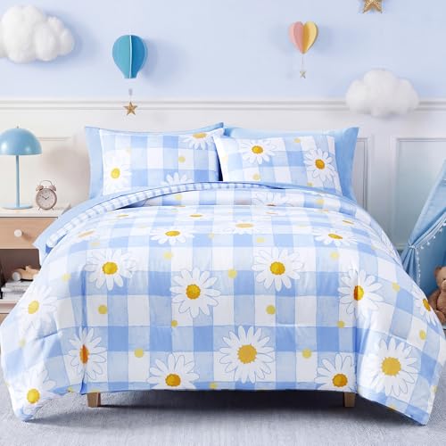 Image of Full Size Comforter Set for Girls Blue Plaid Daisy 7 Pieces Bed in a Bag