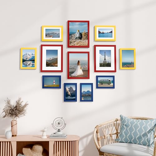 Image of Vittanly 12 Pack Picture Frames Collage Wall Decor for Mounting or Tabletop Display, Gallery Wall Frame Set for Family, Multi Sizes Including 4pcs 8x10, 4pcs 5x7, 4pcs 4x6, Red & Yellow & Blue