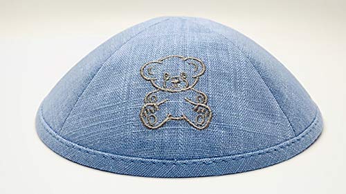 Teddy Bear Linen Embroidered Kippah Baby Blue
