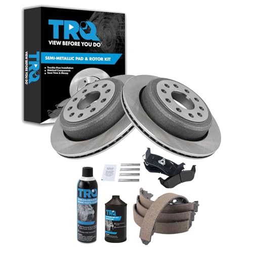 Image of TRQ Rear Brake Pad & Rotor Kit, with Chemical Kit Parking Brake Shoe Set Semi-Metallic Compatible with 2003-2004 Lincoln Town Car