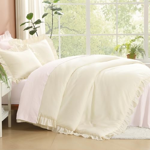 Image of Litanika Cream King Size Comforter Set, 3 Pieces Ruffle Farmhouse Aesthetic Bedding Comforter Set, All Season Soft Lightweight Fluffy Microfiber Bed Set(104x90In Comforter, 2 Pillowcases)