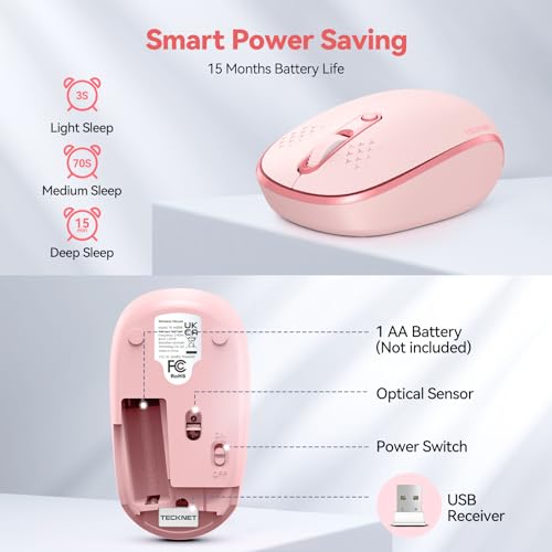 Image of TECKNET Wireless Mouse, 2.4G Quiet Computer Mouse with USB Receiver, 4 Buttons Portable Cordless Mice for Chromebook, Laptop, PC, Mac, 800 /1200 /1600 DPI - Pink