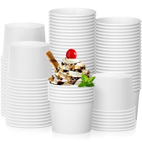 Image of Nuenen 100 Pcs 8 oz Summer Ice Cream Paper Cups Bulk Disposable Dessert Cups Solid Color Paper Dessert Bowls for Snack Sundae Spring Party Favors Ice Cream Bar Supplies (White)