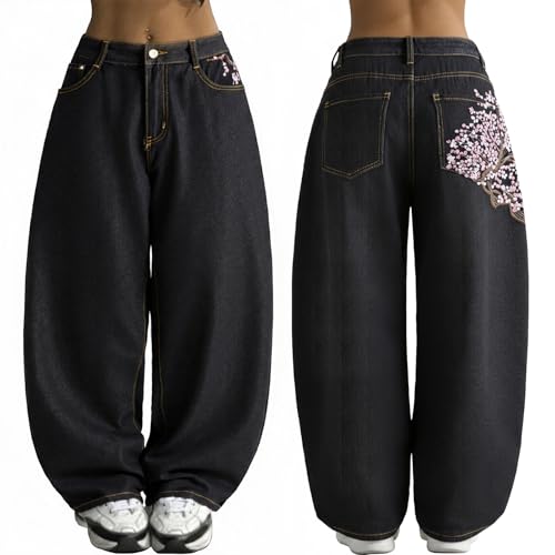 EMMIOL Women's Y2K Hip Hop Boyfriend Baggy Jeans Embroidered 90s Vintage Loose Wide Leg Jeans Mid-High Rise Jeans Black M Size 6