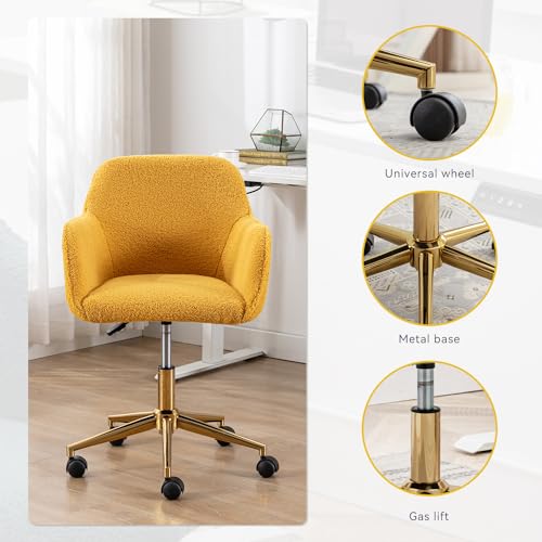 Image of FOXHUNTER Vanity Chair with Wheels 360 Swivel, Teddy, Yellow | Home office desk chairs,adjustable height accent chair for living room,bedroom