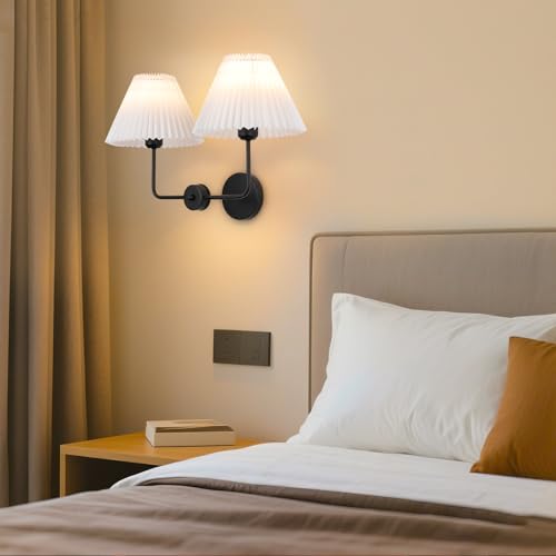 Image of Double Light Battery Operated Wireless Wall Sconces with White Pleated Fabric lampshade, 2-Light Antique Brass Sconce for Bathroom Vanity Hallway Stairway Living Room (Gold & Black)