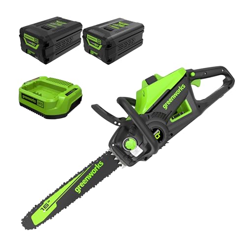 Image of Greenworks 60V 16 inch Brushless Cordless Chainsaw (42 CC Gas Equivalent, Auto Oiler, Chain Brake), 2.5Ah Battery, Charger + Bonus 4.0Ah Battery