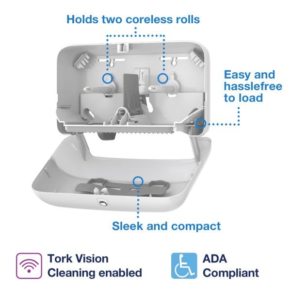 Tork OptiServe 2-Roll Coreless Toilet Paper Dispenser White T7/T5, Horizontal Dispenser, Elevation Design, 558060