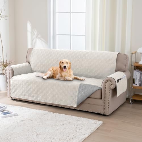 BellaHills Funda Sofa 3 Plazas,100% Funda Sofá Impermeable,Protector para Sofás,con Correas elásticas, para Mascotas Cubre Sofa, Beige