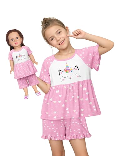 Image of LQSZ Matching Girls & Doll Pajamas Set for Toddler Girls Short Sleeves Cute Outfit Sleepwear