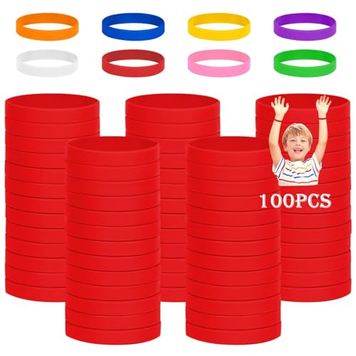 THXIY 100PCS Silicone Rubber Bracelet Bracelets Wristbands Wrist Bands for Kids Youth Teens Boys Gilrs, Children's Bulk Bracelets Event Bands, 6.3'' Bracelet Bulk for 3~7 Aged Back to School (Red)