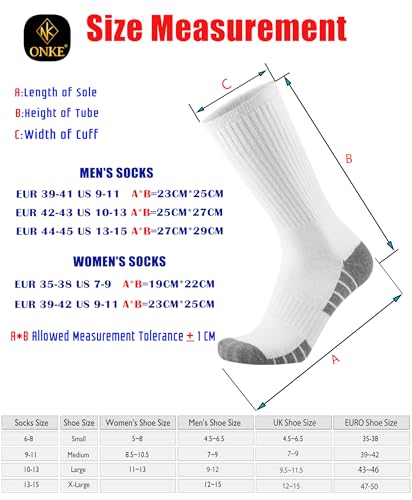 Image of ONKE Athletic Work Socks for Men Women Heavy Cushion Crew Moisture Wicking | Cotton, Max Full Cushion, Odor Control, Breathable, Comfortable, Durability, Anti Blister, Arch Support, Size M /L /XL 3 /6 Pack