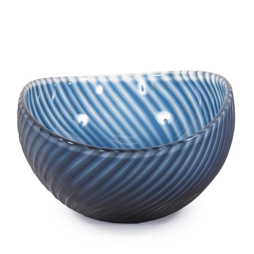 Image of Howard Elliott Collection Striped Blue Oval Hand Blown Glass Bowl for Centerpiece Decor, Hand Crafted Oceanic Crashing Waves Pattern, Table Decor for Home, Wedding and Dining Decorations 5 x 11.5 Inch