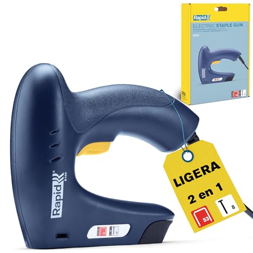Rapid E100 Grapadora clavadora eléctrica, Grapadora de tapicería 2 en 1 para proyectos de bricolaje, hogar y manualidades, Diseño ligero y ergonómico con contacto de seguridad en la punta (5001699)