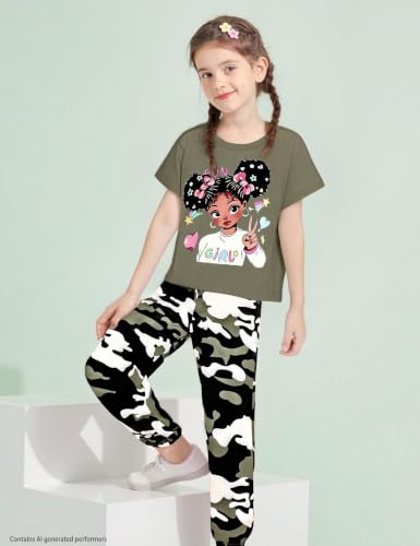 Image of mksodop Girls Outfit Set Graphic T Shirt and Camo Jogger Pants Cute Casual Clothes for Girls 5-16 Years