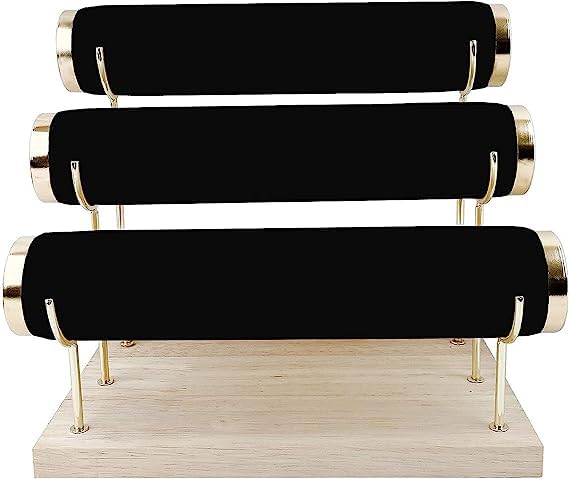 Image of Wooden Metal 3 Roll Black Gold Metal Chrome Finished Wooden Jewellery Display Stand