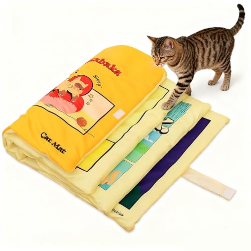 Ranqisys Book-Shaped Cat Bed Mattress, Soft Flippable Floor Mat for Cats & Small Dogs, Washable Warm Pet Bed Pad, Cute Cartoon Design for Indoor Use