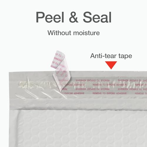 Image of Quality Park Bubble Mailers, 4 x 8 Shipping Envelopes, Self-Seal, Durable White Padded Envelopes, Redi-Strip Peel Off Closure, 50 Per Box (QUA85929)