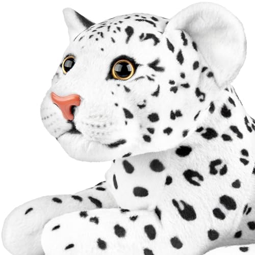 BRUBAKER Leopard Kuscheltier - 30 cm Stofftier - Baby Plüschtier Raubkatze Liegend - Kinder Plüsch Spielzeug - Weiß