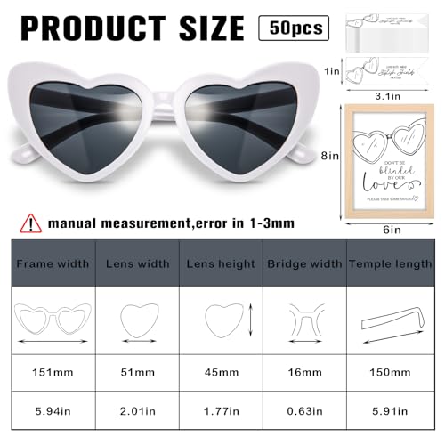 50 Sets of Heart Shaped Sunglasses, Bulk Wedding Party Favors Reception Gifts Souvenirs for Guests, Welcome Sign in Card Gift Tags Wood Photo Frame for Bachelorette Bridal Party Favors3