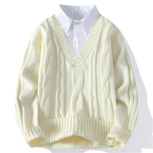 Men's Winter V-Neck Knit Pullover Fake Two-Piece Sweater Fashion Preppy Style Casual Solid Knitwear Top2