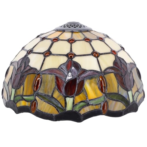 Image of 12Inch Tiffany Stained Glass LampShade Replacement Only (Red Tulip Flower) | Stained Glass Style Lampshade with Cap fit for Table lamp Pendant Light Ceiling Fixture