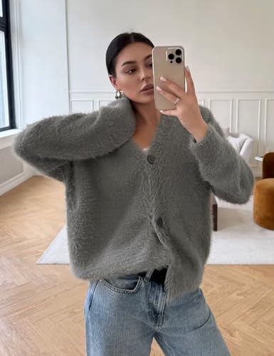 Image of COZYPOIN Womens Fuzzy Cardigan Sweater V Neck Button Down Soft Knit Coat | Loose, Comfy, Slouchy Drop Shoulder, Long Sleeve Fluffy Mohair, Warm, For Daily Work Holiday, Spring Fall Winter Fashion