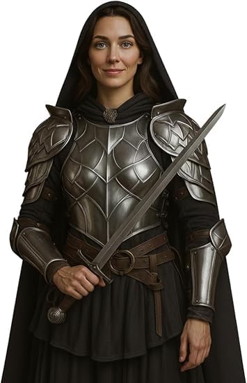 Medieval Lady Knight Armor Costume – Women’s Steel Chestplate with Pauldro, Arm Guard, Hooded Cloak, Fantasy Warrior Cosplay Outfit, LARP & Halloween Wear (Sword is Not included)