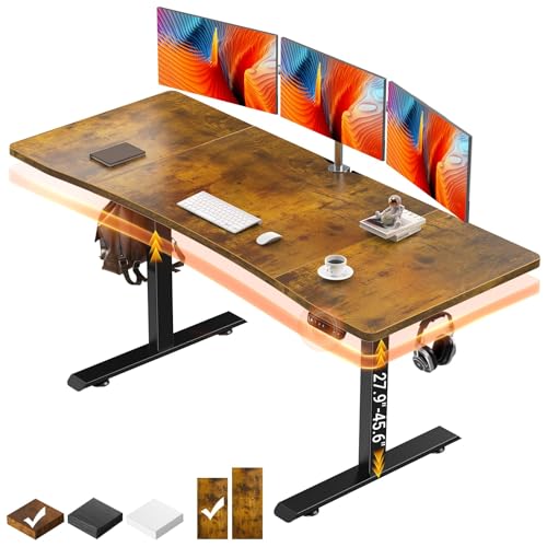 Veken 63 x 28 Inch Electric Standing Desk, Sit to Stand Up, Work Home Office Computer Table for Study, Walking Pad, Writing, and Games, Wooden Desktop Desks, Brown