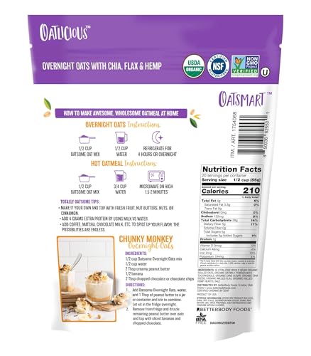 Image of Oatsome Organic Overnight Oats with Chia, Flax, & Hemp, Gluten-Free Oatmeal with 7g of Protein, 2 lb 8 oz (40oz) Bag (Pack of 2)