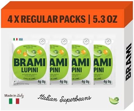 BRAMI Lupini Beans Snack, Chili & Lime | 7g Plant Protein, 0g Net Carbs | Vegan, Vegetarian, Keto, Mediterranean Diet, Non Perishable | 5.3 Ounce (4 Count)