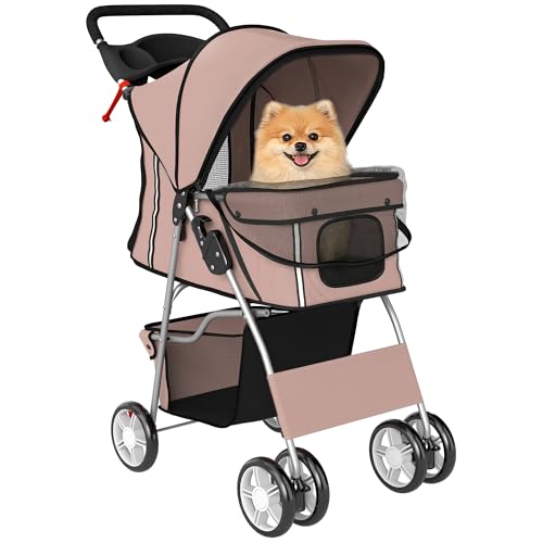 PawHut Poussette buggy pliable animaux chariot pliante chien chat porte-gobelet panier de rangement inclus roues avec frein tissu 600D Oxford acier 75 x 45 x 97 cm café