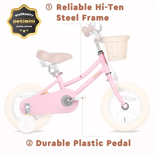 Image of Petimini Vintage Kids Bike for Girls, 12-20 Inch Classic Bicycle with Wicker Basket & Bell, High Tensile Steel Frame, Training Wheels (12-18 inch), 85% Pre-Assembled, Retro Bike for Outdoor Riding