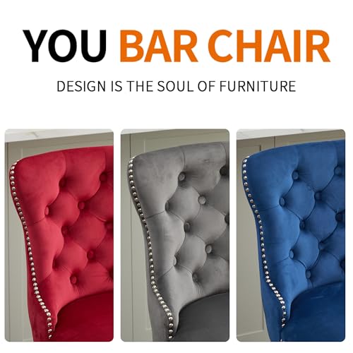 Image of YITAI Modern Swivel Set of 6 Velvet Barstools with Large Backrest and Sturdy Metal Footrest,Button Tufted Rivet Trim Dining Room Chairs with Metal Pull Ring for Kitchen Island,Home Bar,Bistro, Blue