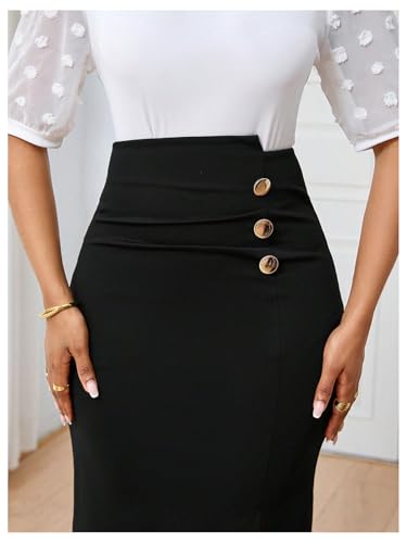 SOLY HUX Women's High Waisted Skirts Button Split Hem Bodycon Knee Length Skirt for Work Business4