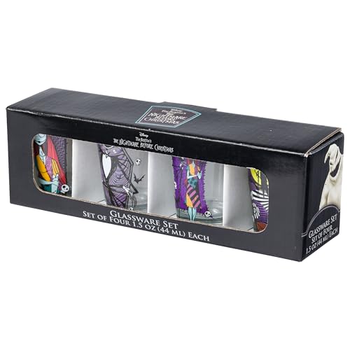Image of Silver Buffalo Disney The Nightmare Before Christmas 4 Piece Mini Glass Set Featuring Jack Skellington and Sally, 1.5 Ounces