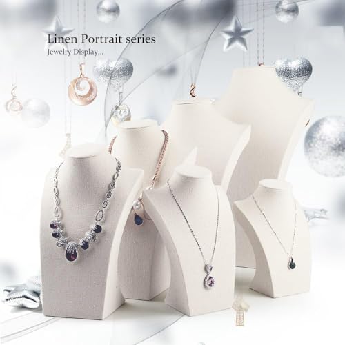 White Leather Jewelry Bust Necklace Display Stand Trade Show Jewelry Holder With Linen Texture Necklace Holder Stand Jewelry Display Mannequin H11.8'' (White)