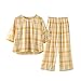 Set Pigiama Donna,Pigiama da Donna in Cotone Capri Set da 2 Pezzi Casual Giallo con Stampa A Griglia con Bottoni Girocollo da Notte da Notte Estivo Allentato Accogliente con Gambe Ritagliate Pantalo