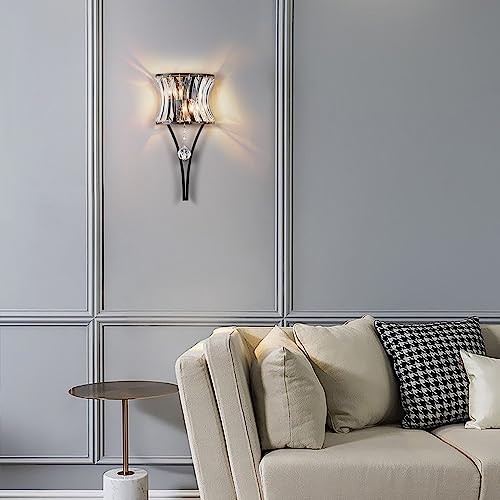 Image of Crystal Wall Sconce 2-Light Black Wall Light Fixture Modern Luxury K9 Crystal Sconces Wall Lighting Elegant Glass Wall Mount Light Indoor for Bathroom Living Room Bedroom Hallway E14 Base