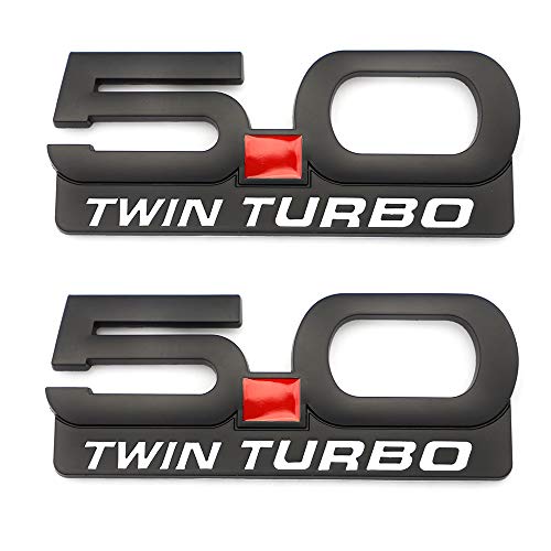 Image of 2X 5.0 Twin Turbo Emblem Decal Replacement for F150 Mustang GT Billet Coyote 5.0 Supercharged T Metal Fender Trunk Badge Nameplate Sticker Decorative (Black)