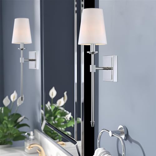 Image of Kira Home Torche 20 inch Mid Century Modern Wall Sconce with Tapered White Linen Shade, Chrome Candle Wall Light with Elongated Tail, Chrome Finish (Pack of 2)